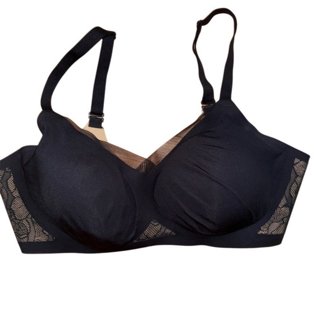 Honeylove Crossover Wireless Bralette Womens Size L Black Lace Panels‎ 38 B/C